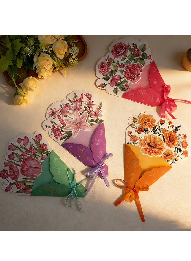 Happy D 4pcs Greeting Card 3D Bouquet Bow Greeting Card for Back Gift, Birthday, Mother's Day Gift, Wedding, Eid, Sturdy and Solid Cardstock Gift Card - Image 2