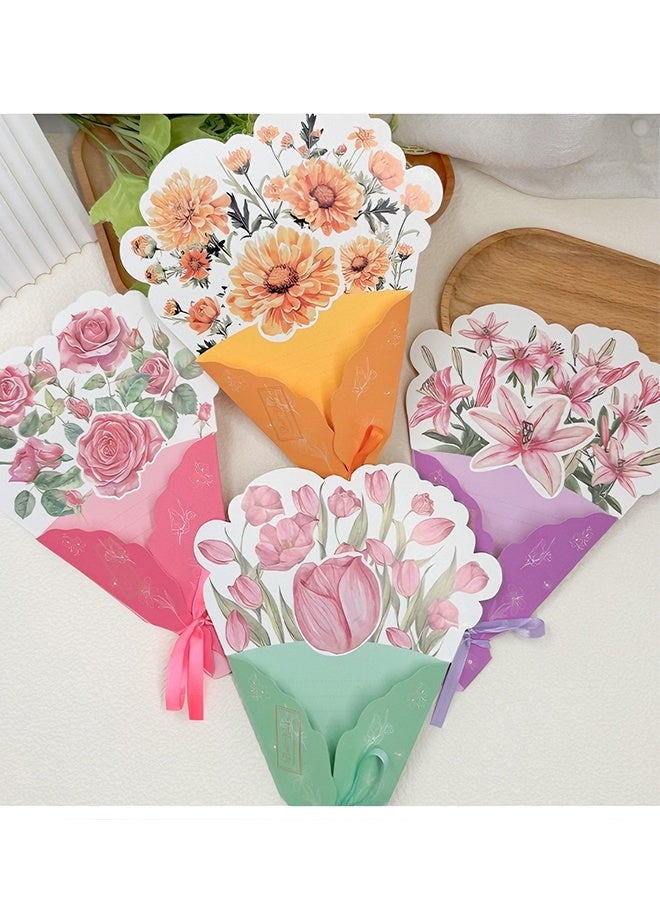 Happy D 4pcs Greeting Card 3D Bouquet Bow Greeting Card for Back Gift, Birthday, Mother's Day Gift, Wedding, Eid, Sturdy and Solid Cardstock Gift Card - Image 5
