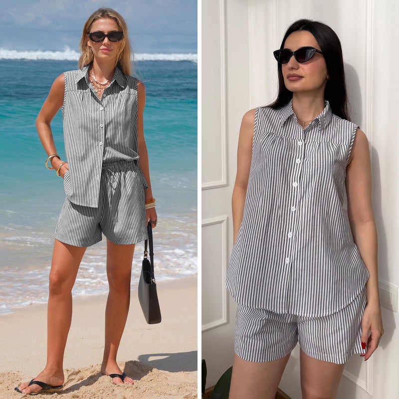 EXLURA Women's Summer 2 Piece Outfits Cotton Sleeveless Button Down Shirts Matching Shorts Sets Cruise Beach Vacation Resort - Image 3