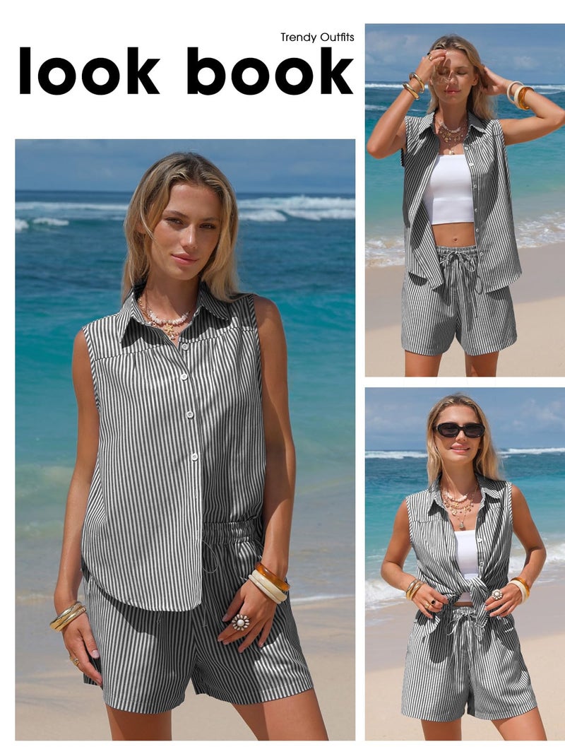 EXLURA Women's Summer 2 Piece Outfits Cotton Sleeveless Button Down Shirts Matching Shorts Sets Cruise Beach Vacation Resort - Image 4
