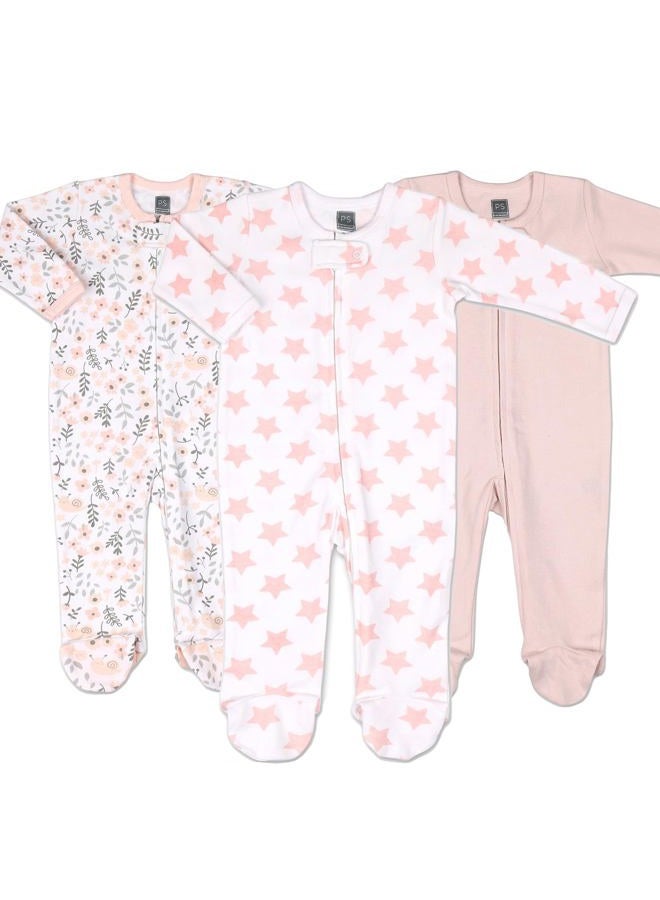 The Peanut Shell Flowers & Stars 3 Pack Footed Sleepers for Baby Girls (Newborn) Pink - Image 1