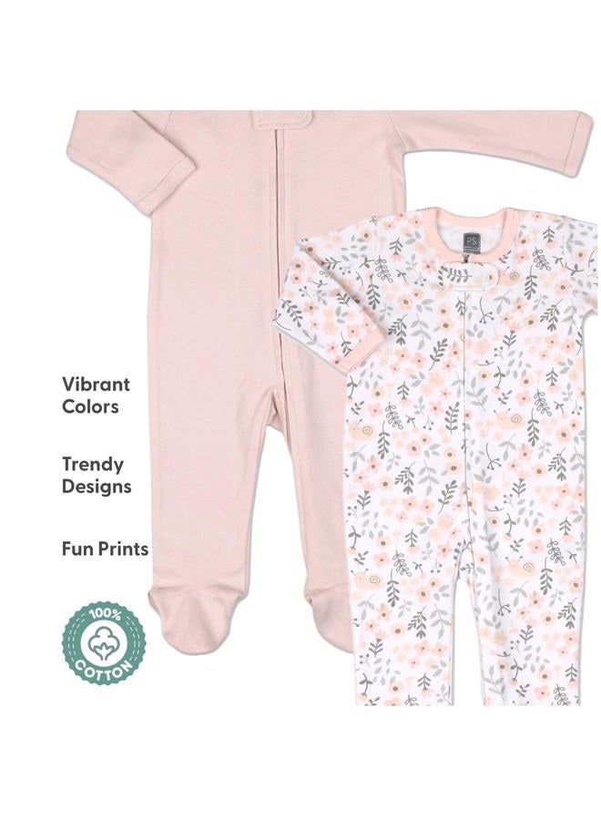 The Peanut Shell Flowers & Stars 3 Pack Footed Sleepers for Baby Girls (Newborn) Pink - Image 4