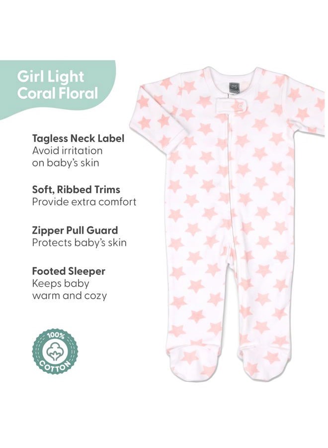 The Peanut Shell Flowers & Stars 3 Pack Footed Sleepers for Baby Girls (Newborn) Pink - Image 3