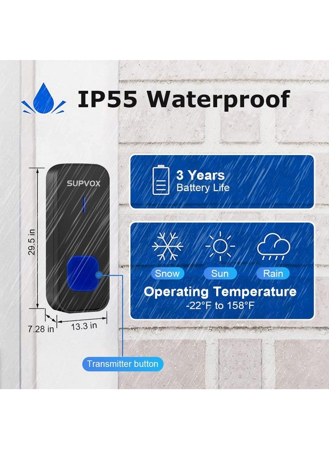 سوبفوكس جرس باب Supvox® للمنزل، جرس لاسلكي للمكتب، 2 جهاز استقبال و1 جهاز إرسال، جرس اتصال لاسلكي مقاوم للماء IP55، جرس بعيد المدى مع مؤشر ضوئي LED و55 نغمة رنين، جرس باب - Image 2