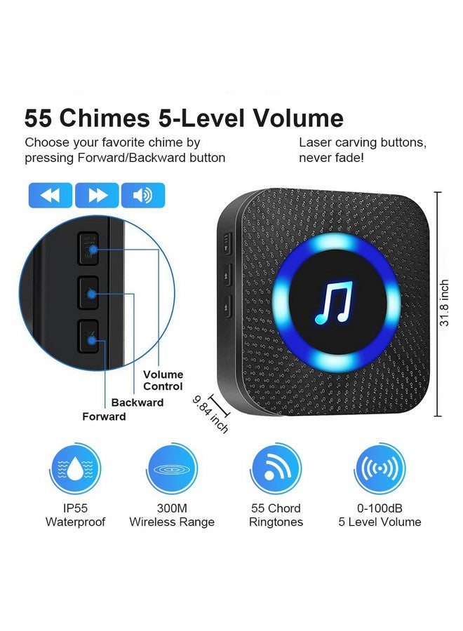 سوبفوكس جرس باب Supvox® للمنزل، جرس لاسلكي للمكتب، 2 جهاز استقبال و1 جهاز إرسال، جرس اتصال لاسلكي مقاوم للماء IP55، جرس بعيد المدى مع مؤشر ضوئي LED و55 نغمة رنين، جرس باب - Image 5