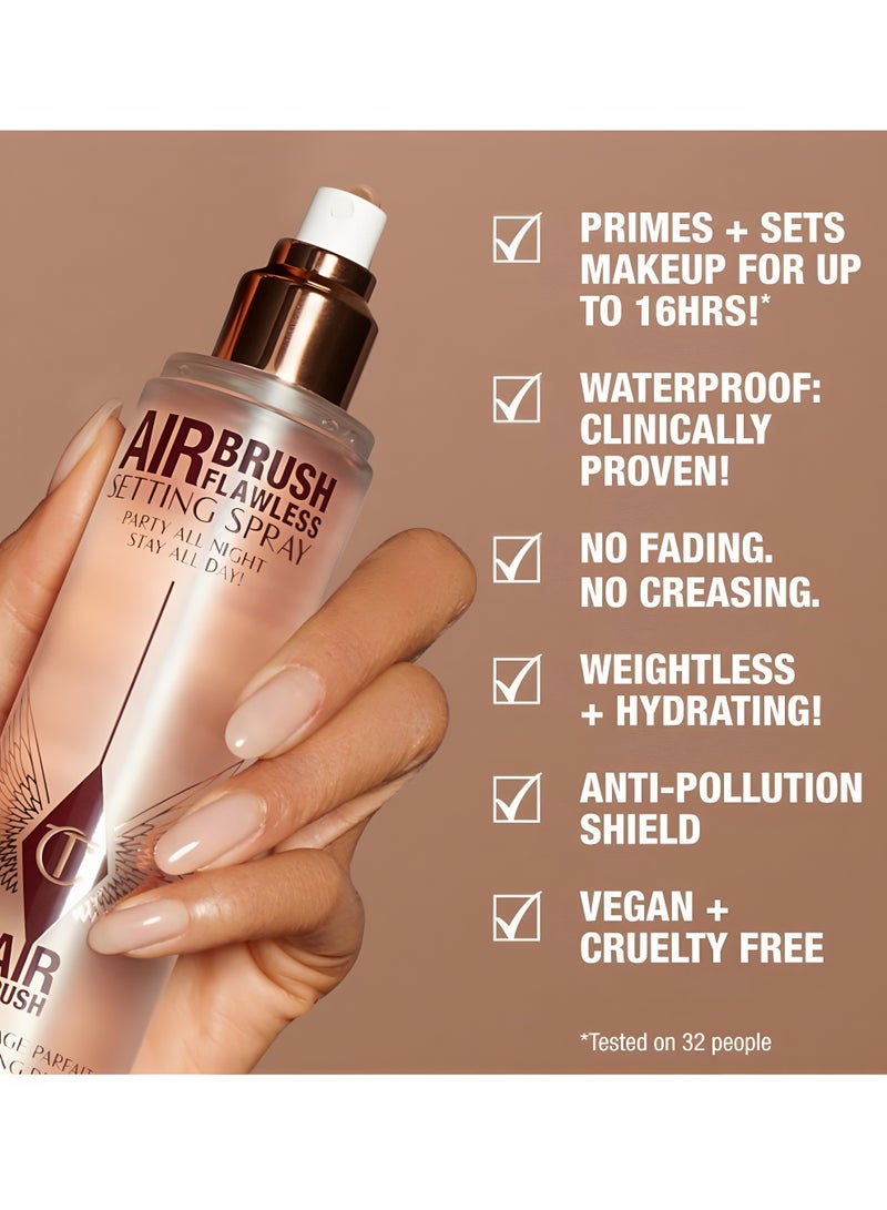 شارلوت تلبوري بخاخ تثبيت المكياج Charlotte Tilbury Airbrush Flawless، رذاذ مرطب فائق النعومة، برايمر ومثبت مكياج، مقاوم للماء، تأثير تمويه وتنعيم البشرة، ثبات يدوم 16 ساعة، مناسب لمكياج الزفاف، عبوة واحدة - Image 4