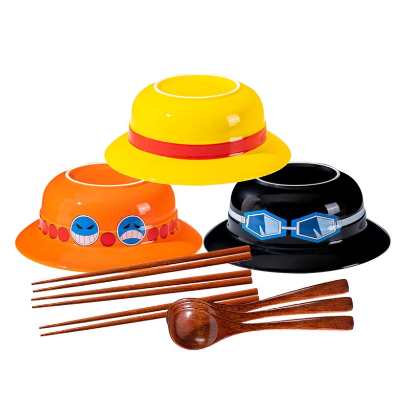 DVJEPJ Straw Hat Ramen Bowl Set 3 PCS  Ceramic Bowl  Wooden Spoon  Chopsticks for Anime Fans
