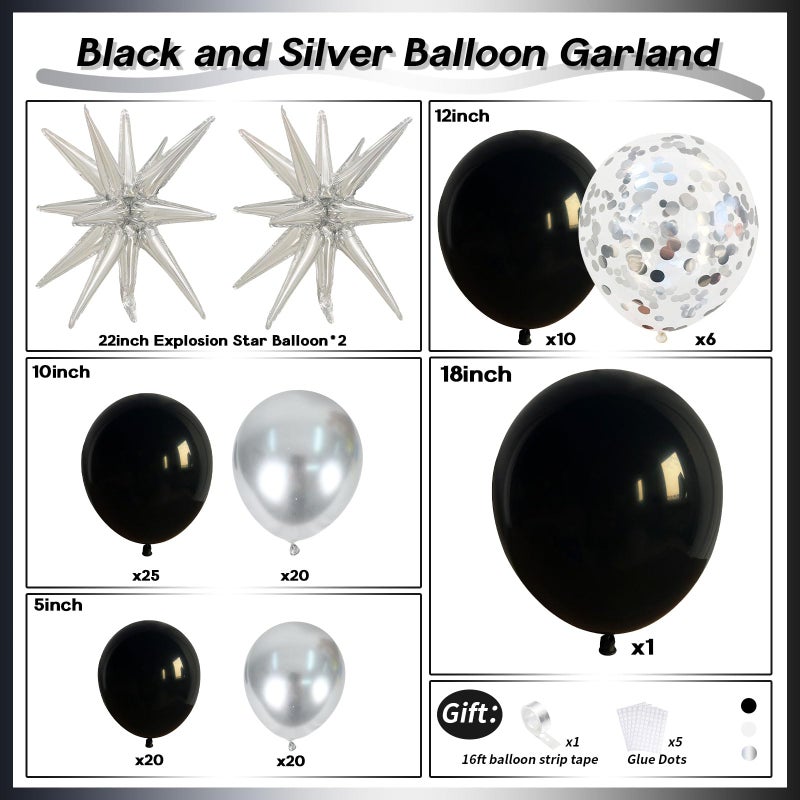 Paeyeq Black and Silver Balloon Garland Arch Kit with 3pcs Star Balloons, Silver and Black Balloon Confetti Latex Balloons for Birthday Wedding Graduation Baby Shower Disco Anniversary Party Decorations - Image 2