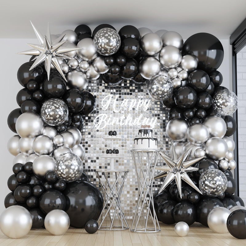 Paeyeq Black and Silver Balloon Garland Arch Kit with 3pcs Star Balloons, Silver and Black Balloon Confetti Latex Balloons for Birthday Wedding Graduation Baby Shower Disco Anniversary Party Decorations - Image 1