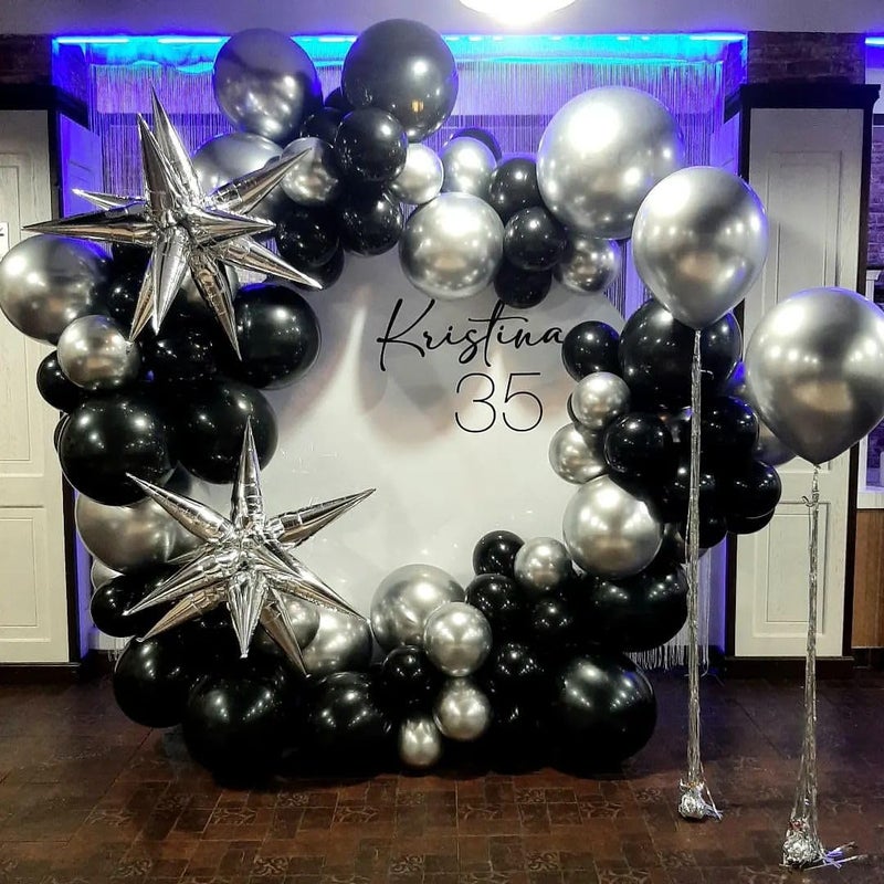 Paeyeq Black and Silver Balloon Garland Arch Kit with 3pcs Star Balloons, Silver and Black Balloon Confetti Latex Balloons for Birthday Wedding Graduation Baby Shower Disco Anniversary Party Decorations - Image 4