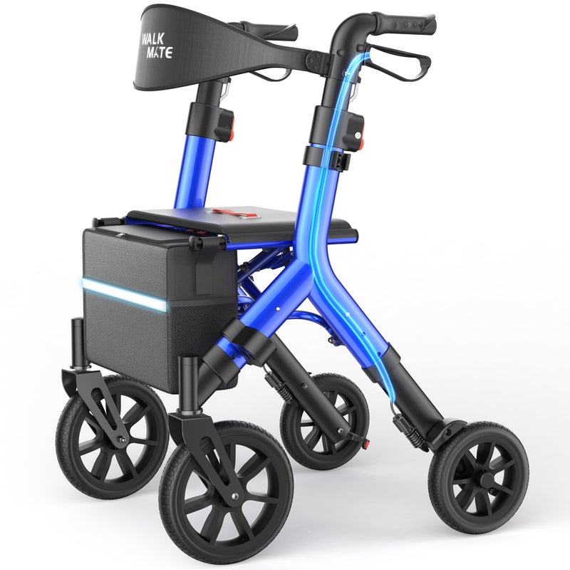 WALK MATE Rollator Walker for Seniors Taller 537ft with HeightAdjustable Seat Builtin Cable 10 Inch Wheels Walkers Compact Folding Design Mobility Walking Aid Widen Backrest Blue - Image 3