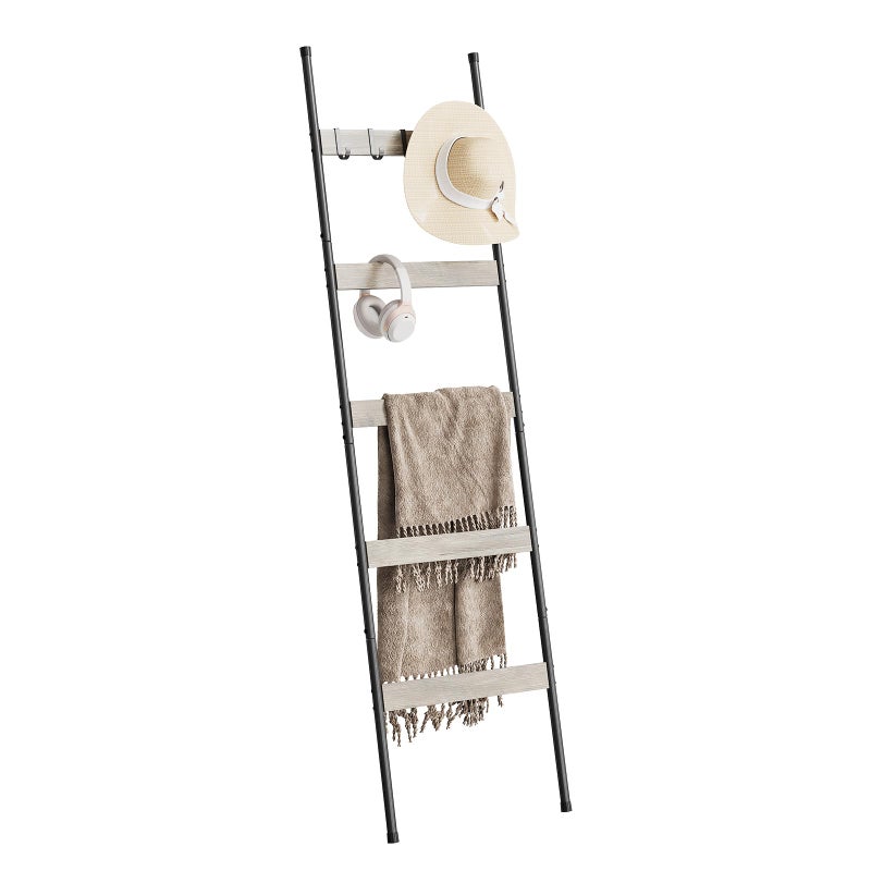 ELYKEN Blanket Ladder for Living Room Farmhouse 5Tier Quilt Holder with 4 Removable Hooks for Bathroom Wood Towel Rack Display Wall Anchor Leaning Decorative Stand for Home White Oak