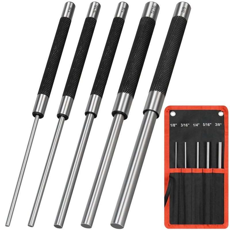 DkOvn 8in Long Carbon Steel Pin Punch Set, 5pcs Pin Punch Sizes 1/8", 3/16", 1/4", 5/16" and 3/8", Removing Repair Tools with Storage Pouch - Image 1