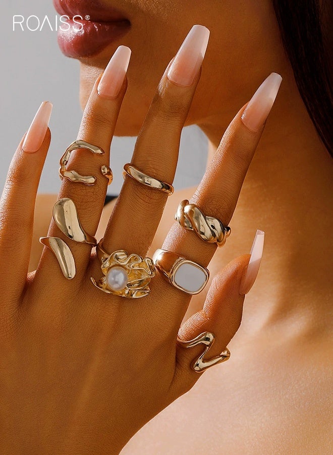 رويس طقم مجوهرات نسائي مكون من ست قطع، طقم خواتم من سبيكة معدنية بتصميم غير منتظم، خاتم مفتوح فريد من نوعه بتصميم رياضي بسيط مطلي بالكهرباء، مناسب للارتداء اليومي والحفلات والإطلالات الكاجوال. - Image 1