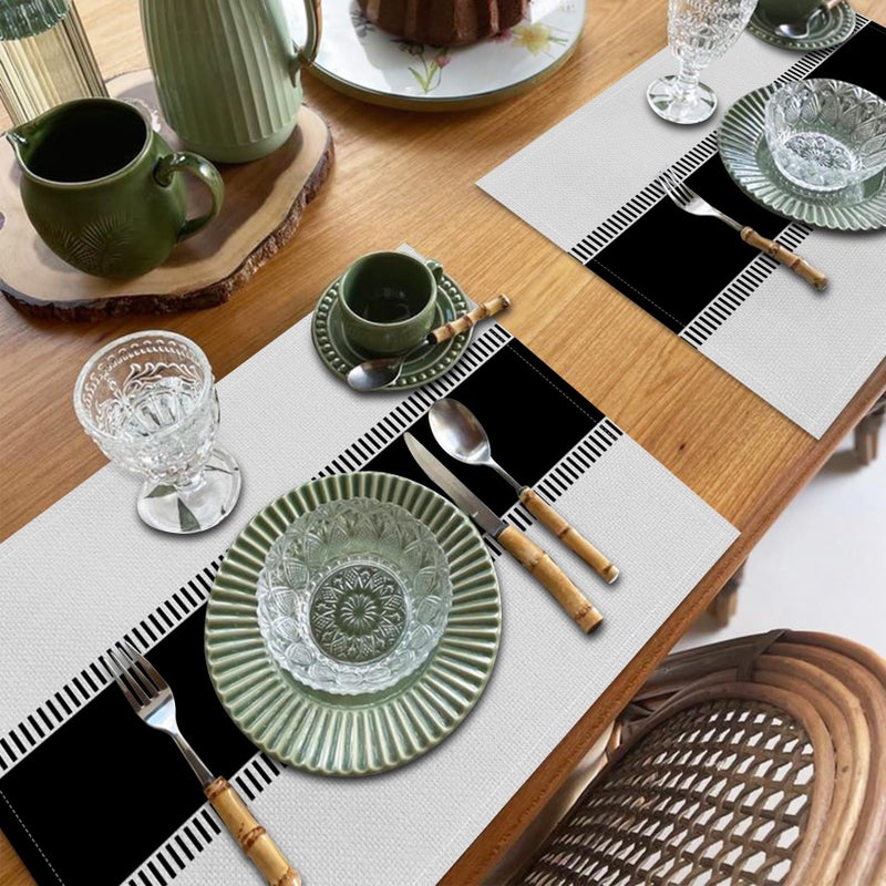 CSFOTO Modern Minimalist Line Decorative Placemats Set of 4 Heat-Resistant Non-Slip Black and White Linen Place Mats for Dining Table 18"x12" Washable - Image 2