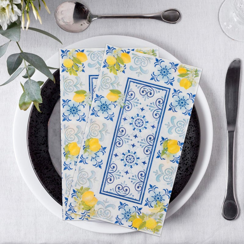 GROBRO7 100 Pcs Capri Lemons Napkins Cyan-Blue Tile Pattern Disposable Guest Towels 3 Ply Bathroom Restaurant Paper Hand Towels for Spring Summer Holiday Birthday Italian Theme Party Supplies - Image 3