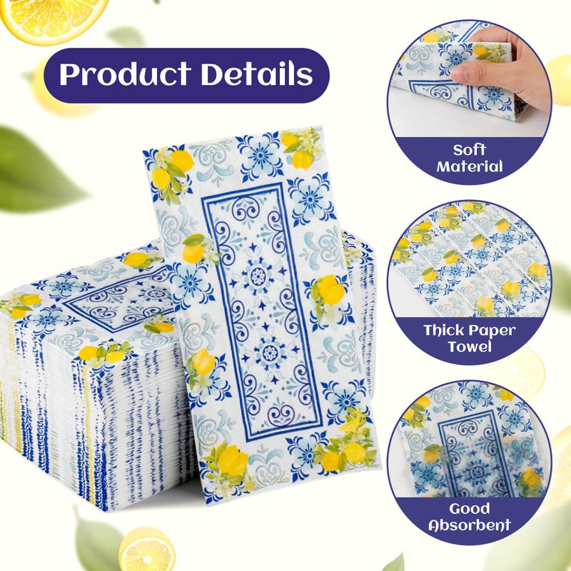 GROBRO7 100 Pcs Capri Lemons Napkins Cyan-Blue Tile Pattern Disposable Guest Towels 3 Ply Bathroom Restaurant Paper Hand Towels for Spring Summer Holiday Birthday Italian Theme Party Supplies - Image 2