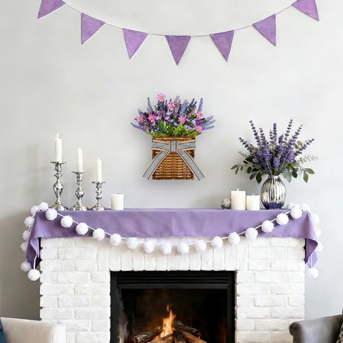 Kuabiz Spring Lavender Basket Wreath for Front Door 15" Purple Hanger Basket Artificial Grains Green Leaves with Purple Daisy Summer Wreaths Baskets for Indoor Farmhouse Porch Entryway Wall Home Decor - Image 5