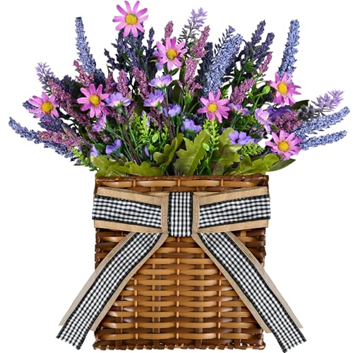 Kuabiz Spring Lavender Basket Wreath for Front Door 15" Purple Hanger Basket Artificial Grains Green Leaves with Purple Daisy Summer Wreaths Baskets for Indoor Farmhouse Porch Entryway Wall Home Decor - Image 1