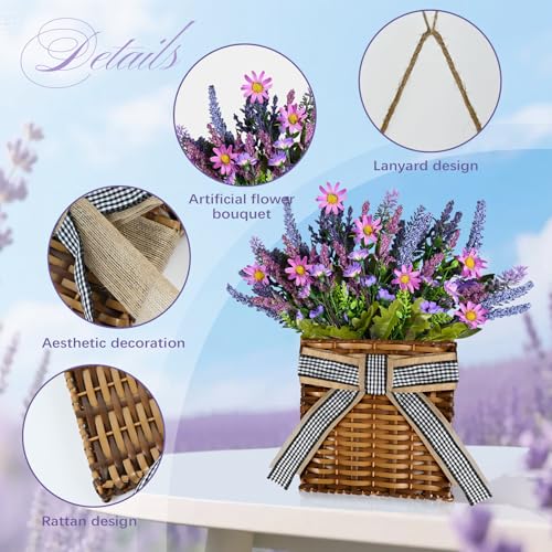 Kuabiz Spring Lavender Basket Wreath for Front Door 15" Purple Hanger Basket Artificial Grains Green Leaves with Purple Daisy Summer Wreaths Baskets for Indoor Farmhouse Porch Entryway Wall Home Decor - Image 3