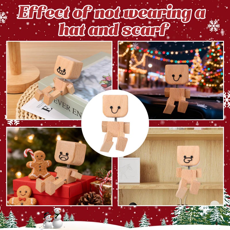 IMOLL Shaking Wooden Man Figurine with 12pcs Magnetic Expressions,Handmade Shaking Feet Wooden Doll,Car Dashboard Desktop Decor Christmas Decor Home&Qffice Decor (with Knit Beanie Hat + Scarf) - Image 3