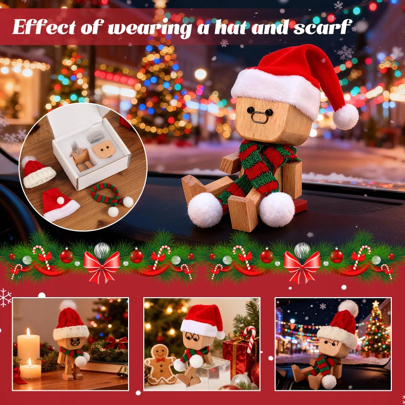 IMOLL Shaking Wooden Man Figurine with 12pcs Magnetic Expressions,Handmade Shaking Feet Wooden Doll,Car Dashboard Desktop Decor Christmas Decor Home&Qffice Decor (with Knit Beanie Hat + Scarf) - Image 2