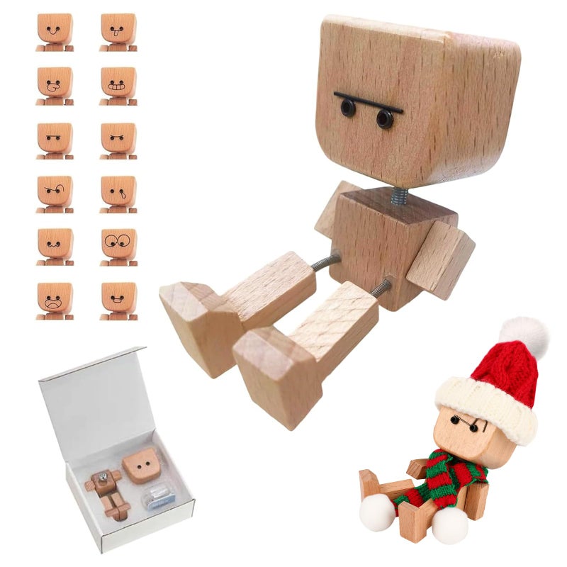 IMOLL Shaking Wooden Man Figurine with 12pcs Magnetic Expressions,Handmade Shaking Feet Wooden Doll,Car Dashboard Desktop Decor Christmas Decor Home&Qffice Decor (with Knit Beanie Hat + Scarf) - Image 1