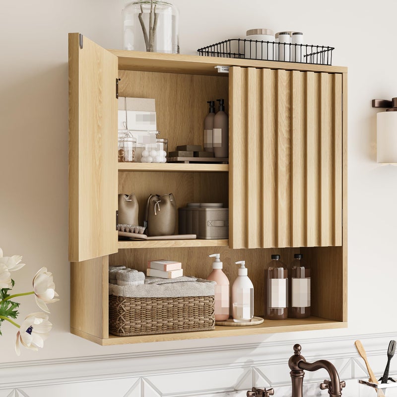 Smuxee Fluted Bathroom Cabinet Wall Mounted, Wooden Medicine Cabinet with Adjustable Shelf, Bathroom Cabinet for Bath Room, Living Room, Laundry Room - Image 1