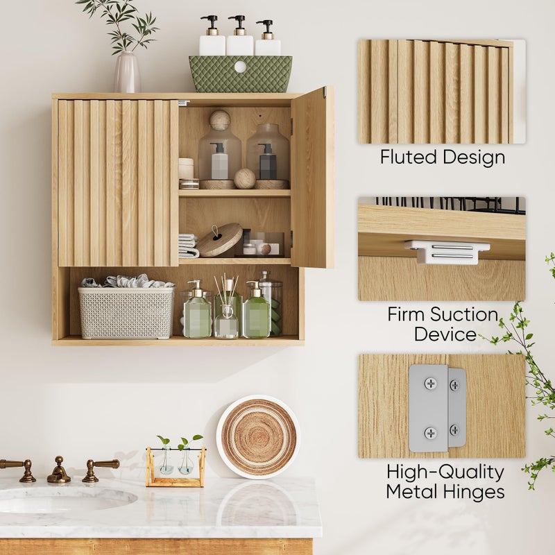 Smuxee Fluted Bathroom Cabinet Wall Mounted, Wooden Medicine Cabinet with Adjustable Shelf, Bathroom Cabinet for Bath Room, Living Room, Laundry Room - Image 2