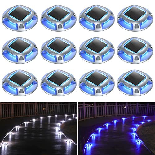 AGPTEK Solar Driveway Lights Outdoor 12 Pack 2 Color Modes LED Deck Dock Marine Waterproof Security Marker Lights for Step Sidewalk Stair Garden Pathway Walkway YardBlue LightCool White