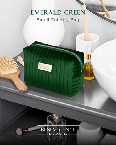 Benevolence LA Plush Velvet Small Makeup Bag for Purse | Cosmetic Pouch, Travel Toiletry Organizer for Women, Quilted Bag for Accessories - Emerald Green - Image 2