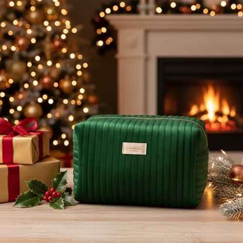 Benevolence LA Plush Velvet Small Makeup Bag for Purse | Cosmetic Pouch, Travel Toiletry Organizer for Women, Quilted Bag for Accessories - Emerald Green - Image 5
