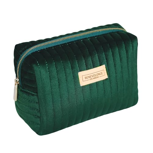 Benevolence LA Plush Velvet Small Makeup Bag for Purse | Cosmetic Pouch, Travel Toiletry Organizer for Women, Quilted Bag for Accessories - Emerald Green - Image 1