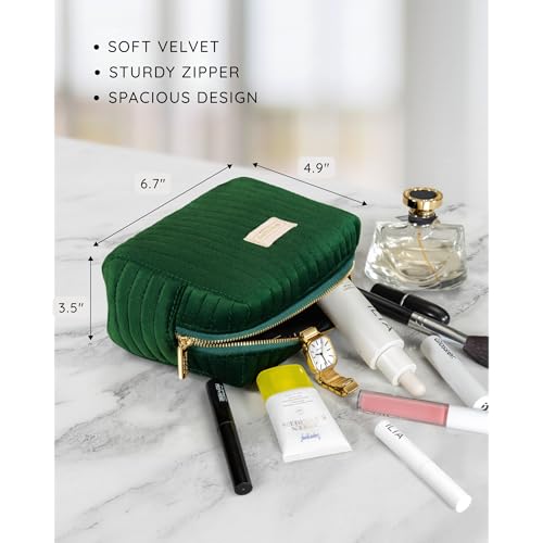 Benevolence LA Plush Velvet Small Makeup Bag for Purse | Cosmetic Pouch, Travel Toiletry Organizer for Women, Quilted Bag for Accessories - Emerald Green - Image 3