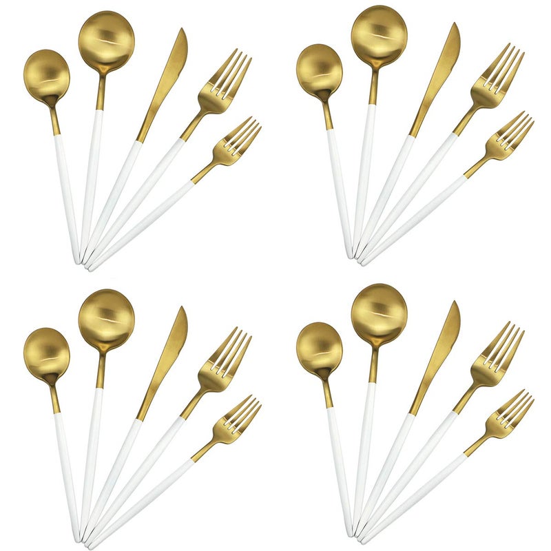 Gugrida 20Piece 1810 Stainless Steel Flatware Silverware Luxury Dinnerware Set Travel Cutlery Tableware Include Knife Fork Spoon Service for 4 Dishwasher Safe White Handle Matte Gold
