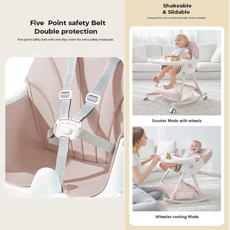 StarAndDaisy Baby High Chair Recline Highchair/Baby Feeding Chair with Height Adjustable Seate/Upgraded Kids High Chair with Wheel and PU Cushion pad (Light Pink) - Image 3