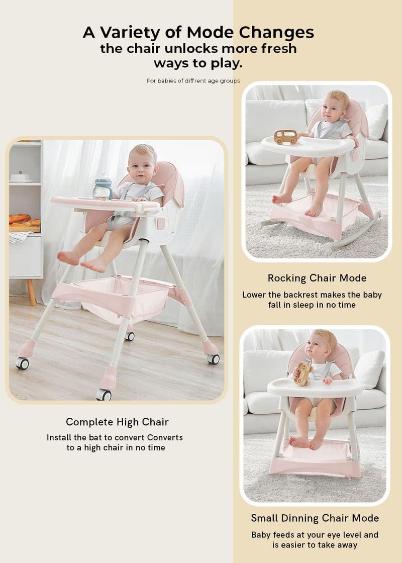 StarAndDaisy Baby High Chair Recline Highchair/Baby Feeding Chair with Height Adjustable Seate/Upgraded Kids High Chair with Wheel and PU Cushion pad (Light Pink) - Image 2