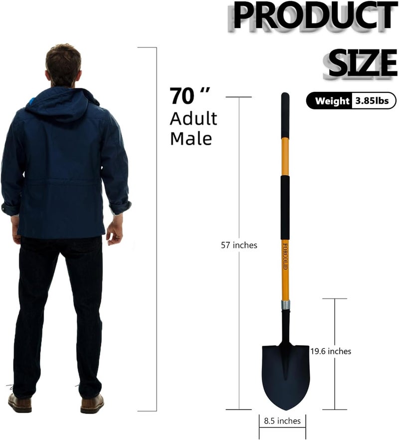 FORCOLID Shovel for Digging, Heavy Duty 57 inch Straight Handled Round Shovel with Non-Slip Tail Cover, Lawn and Yard Tools, Fiberglass Handle(Orange) - Image 1