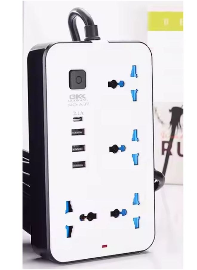 سمارتكس سلك تمديد عالمي مزود بـ 4 مقابس طاقة و3 فتحات USB، شريط طاقة بطول 3 أمتار بأربعة اتجاهات مع فتحة شحن USB من النوع C، سلك تمديد أبيض  - Image 1