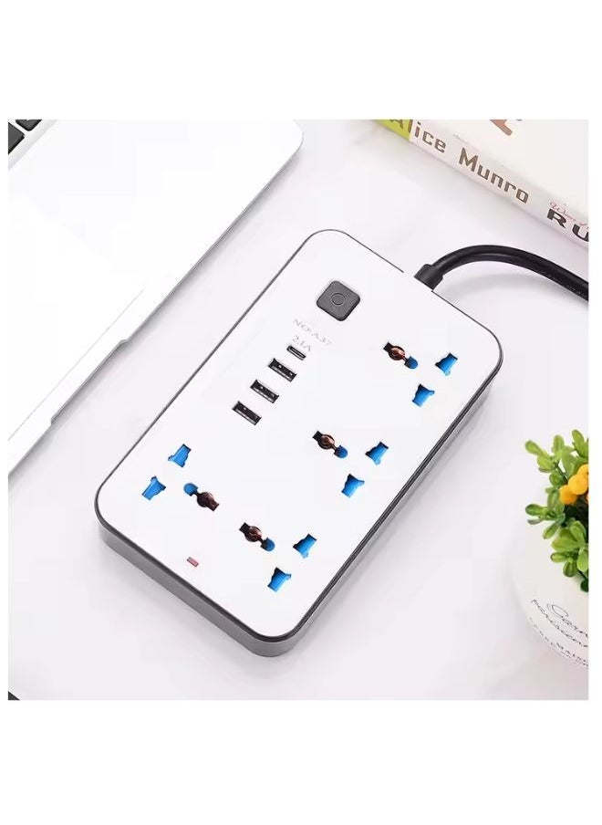 Universal Extension Cord with 4 Power Socket and 3 USB Slots 3 meter 4 Way Power Strip with USB type C POD Charging Slot Extension Lead White