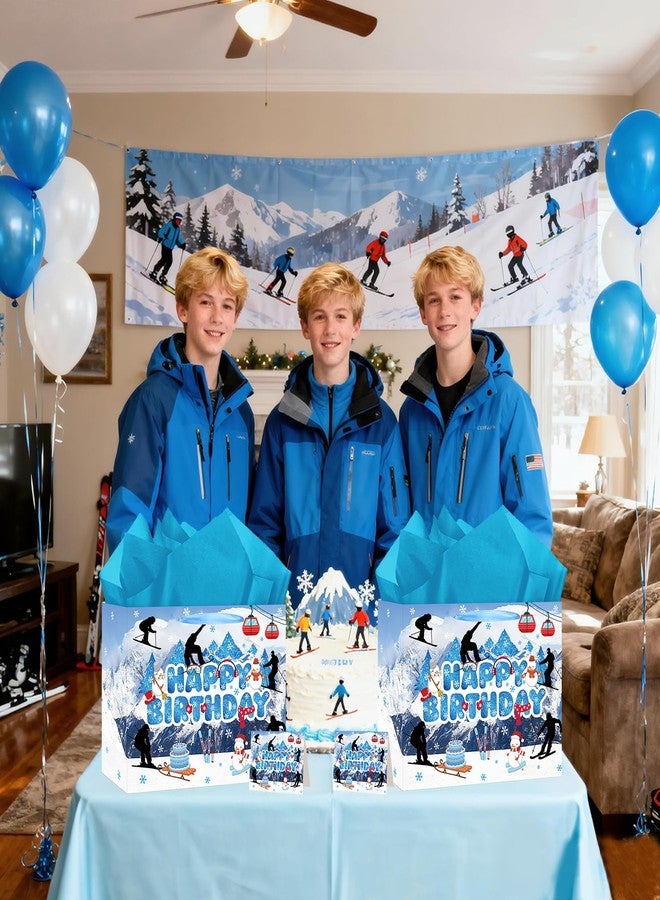 LUUFILx Skiing Birthday Gift Bag Blue Ski Birthday Gift Wrap Bag with Wrapping Paper Card Winter Sport Decorations Snow Mountain Snowboard Skiing Favor Bag for Kids Men Ski Lovers Bday Party Decor Supplies - Image 3
