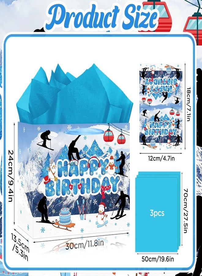 LUUFILx Skiing Birthday Gift Bag Blue Ski Birthday Gift Wrap Bag with Wrapping Paper Card Winter Sport Decorations Snow Mountain Snowboard Skiing Favor Bag for Kids Men Ski Lovers Bday Party Decor Supplies - Image 2