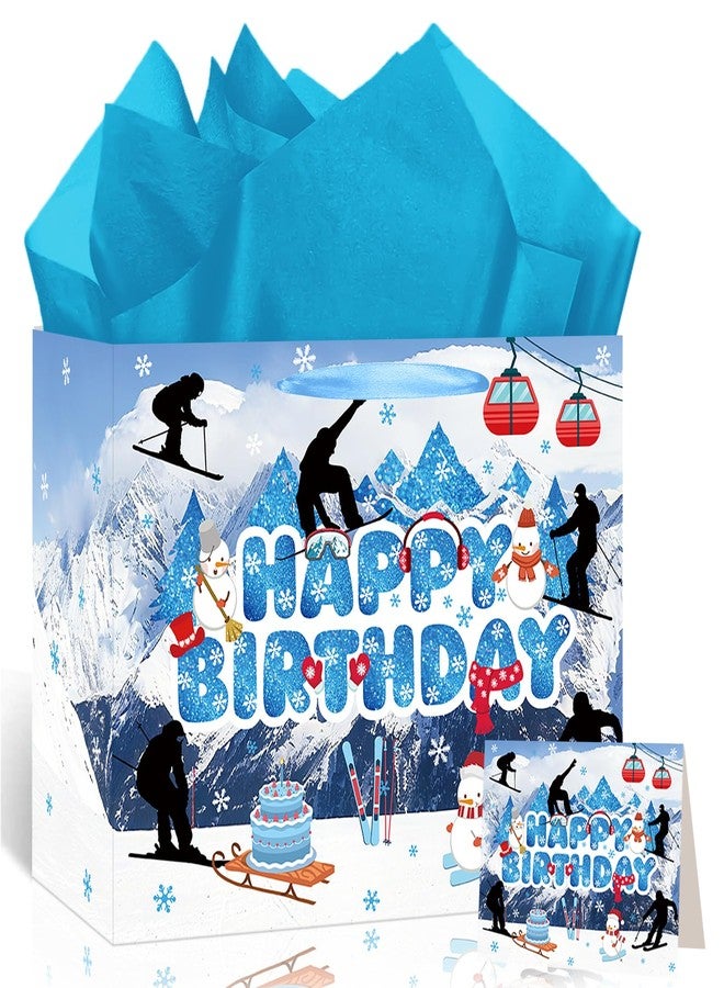 LUUFILx Skiing Birthday Gift Bag Blue Ski Birthday Gift Wrap Bag with Wrapping Paper Card Winter Sport Decorations Snow Mountain Snowboard Skiing Favor Bag for Kids Men Ski Lovers Bday Party Decor Supplies - Image 1