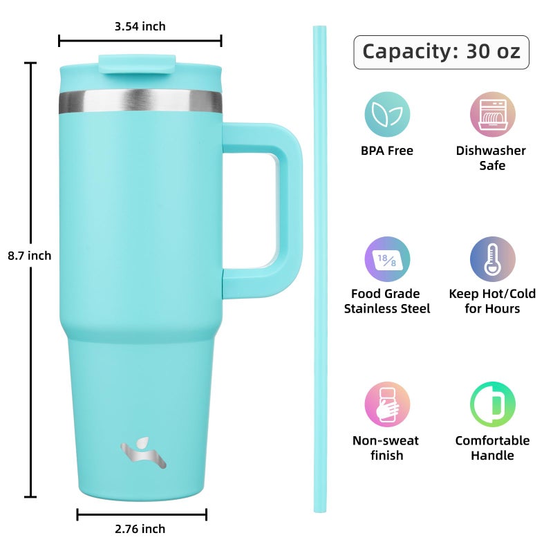 Konokyo 30 oz Tumbler with Handle and 2 Straws,2 in 1 Lid Insulated Water Bottle Stainless Steel Travel Coffee Mug,Turquoise - Image 4
