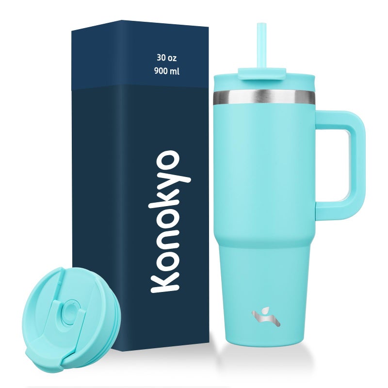 Konokyo 30 oz Tumbler with Handle and 2 Straws,2 in 1 Lid Insulated Water Bottle Stainless Steel Travel Coffee Mug,Turquoise - Image 1
