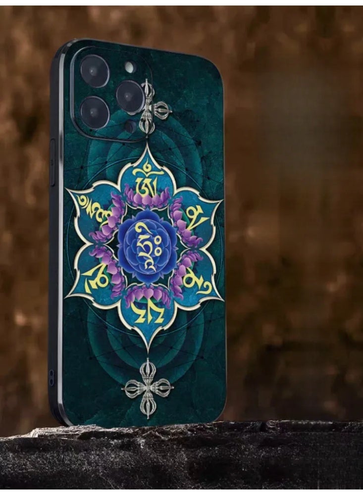 Tibetan Mandala & Mantra Pattern Phone Case, Faux Leather Shockproof Cover for iPhone - Image 2