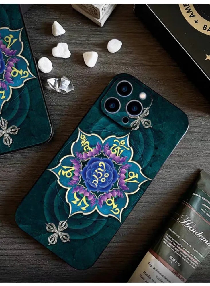 Tibetan Mandala & Mantra Pattern Phone Case, Faux Leather Shockproof Cover for iPhone - Image 4