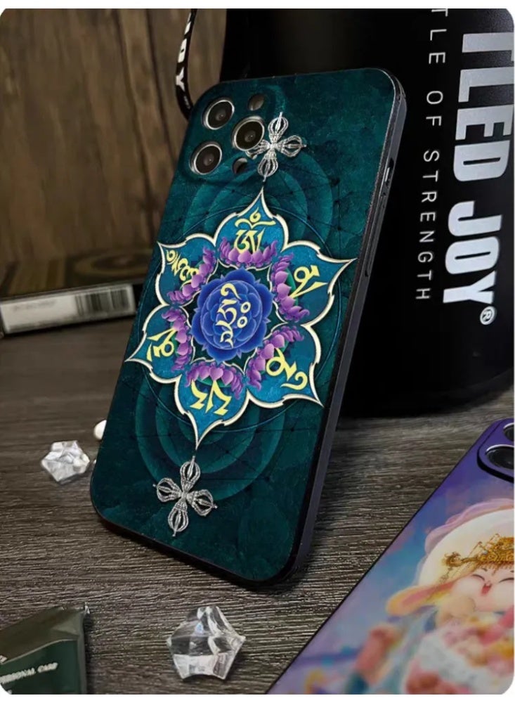 Tibetan Mandala & Mantra Pattern Phone Case, Faux Leather Shockproof Cover for iPhone - Image 3