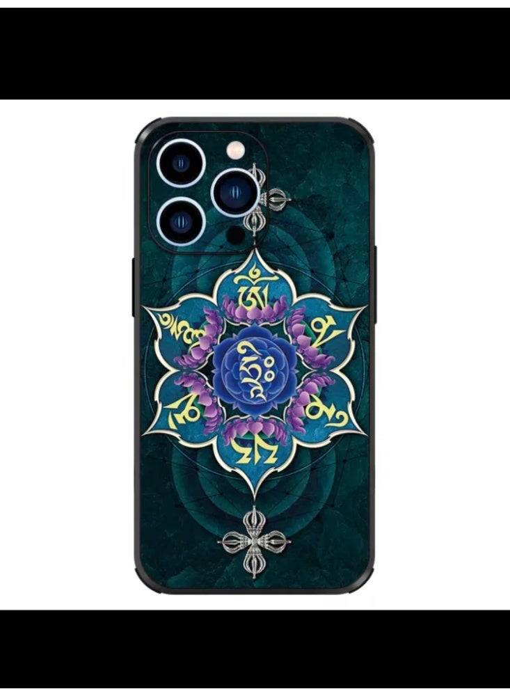 Tibetan Mandala & Mantra Pattern Phone Case, Faux Leather Shockproof Cover for iPhone - Image 1