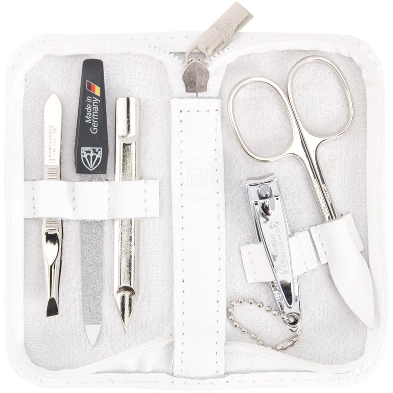 3 Swords Germany brand quality 5 piece manicure pedicure grooming kit set for professional finger toe nail care scissors clipper genuine leather white case in gift box Made in Germany